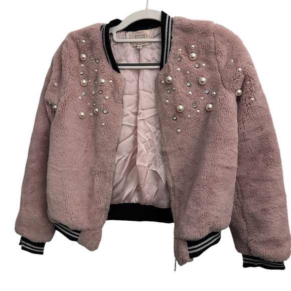Girls Hannah Banana pink with pearl and crystal faux fur size 14 bomber jacket. - Picture 1 of 6
